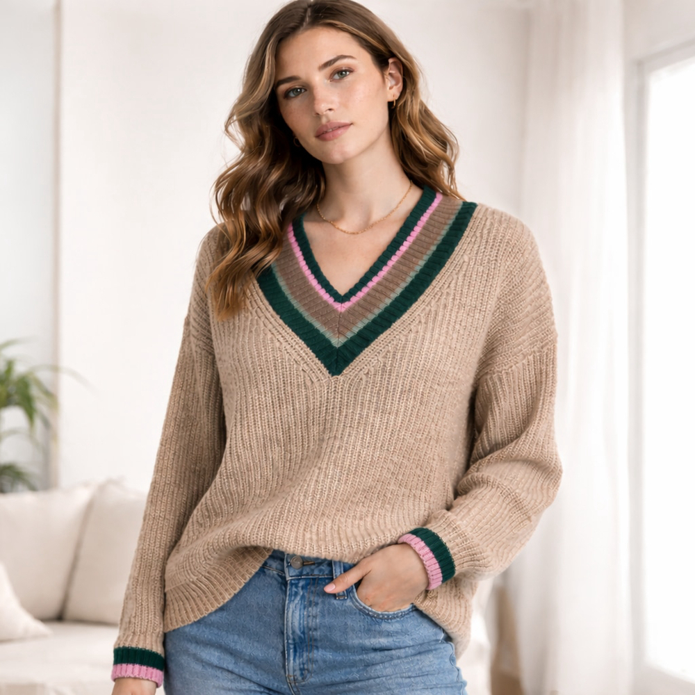 Madewell Merino Wool Blend V-Neck Sweater Ribbed Neutral Striped Trim XXS Preppy